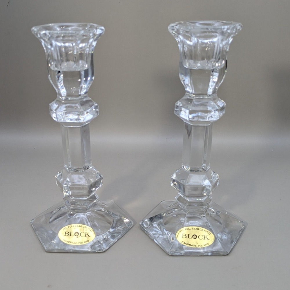 Vintage Block 24% Lead Crystal Candlesticks Pair 7" Hexagon Base Poland Signed